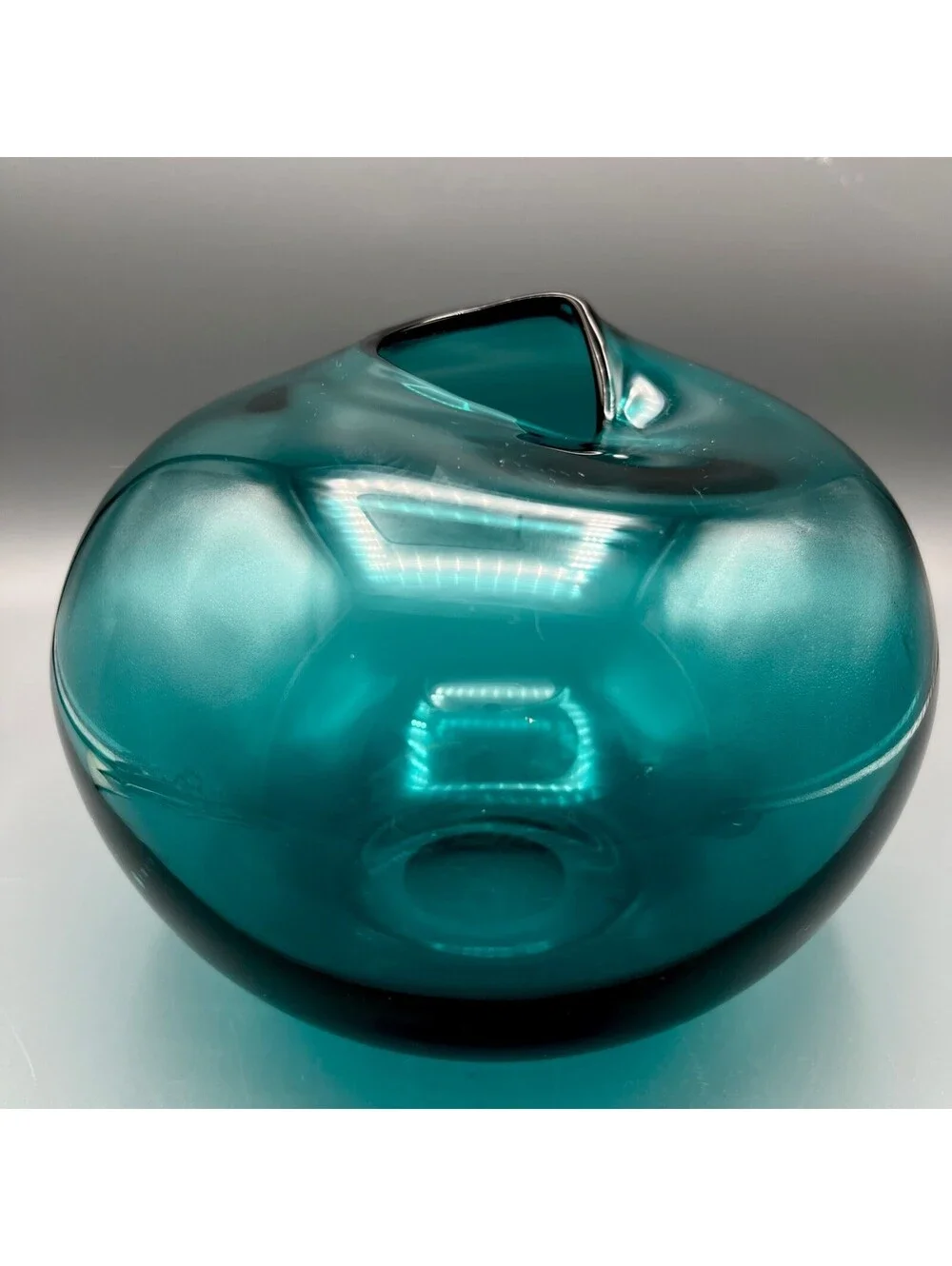 Studio Art Glass Hand Blown Teal Vase Collapsed Pinched Rim Polished Pontil